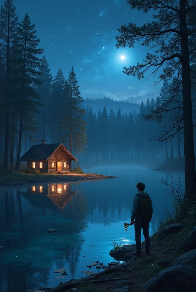 "In the heart of the forest, Lucas finds a crystal-clear lake, its waters reflecting the starry sky. Beside the lake, an old wooden cabin emits a soft light through the window. Lucas approaches cautiously, holding the golden key, feeling that he is about to discover something important. The soft sound of a distant melody echoes through the night air."
