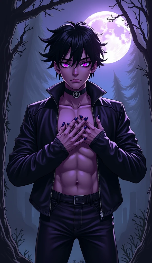 one man, one boy, femboy, black hair, fit body, purple eyes, purple skin, black leather clothes, choker, serious face, semi-realistic style, outliner, dark forest background, dark sky background, moon light, bust, upper body, bare shoulders, naughty grin, hands on chest