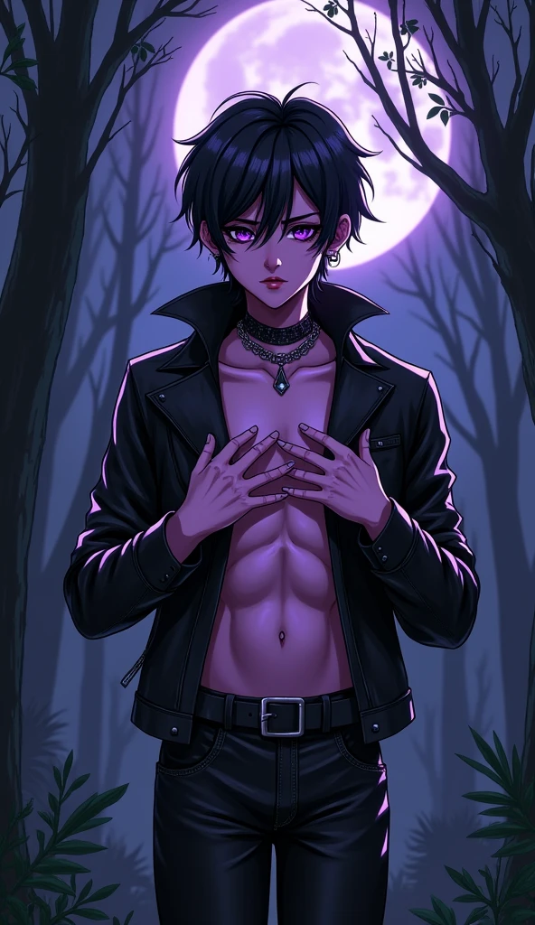 one man, one boy, femboy, black hair, fit body, purple eyes, purple skin, black leather clothes, choker, serious face, semi-realistic style, outliner, dark forest background, dark sky background, moon light, bust, upper body, bare shoulders, naughty grin, hands on chest
