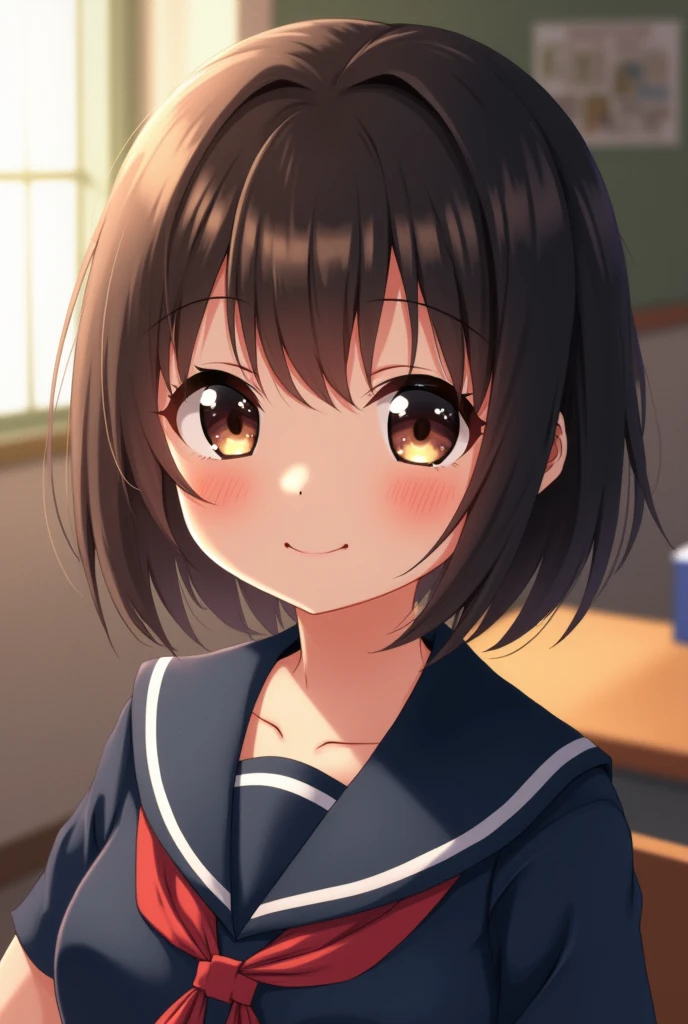 Highest quality, Face Focus, Soft Light, Ultra-high resolution, (Realistic:1.4), RAW Photos, 1 Japanese girl, alone, cute, (A shy smile:0.5), (Brown eyes, Light in your eyes), Beautiful face in every detail, (Small box),(High resolution detail of human skin texture), (Short Bob Hair), break, In the classroom,Navy uniform, Best, skirt