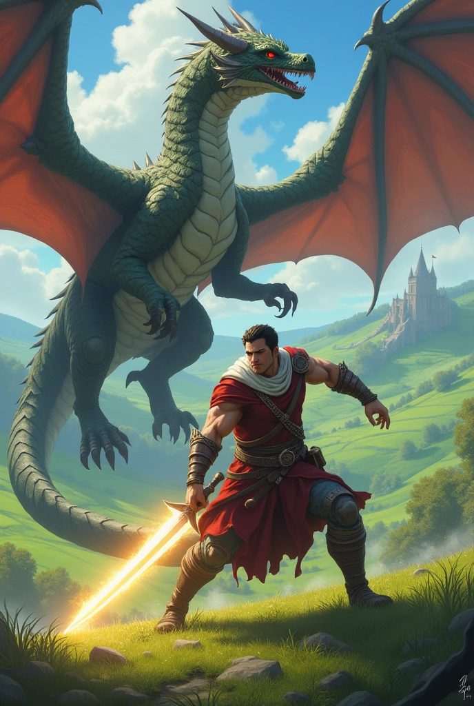 a strong,  young man, serious-looking man, fighting powerful dragons. the man is brandishing a sword of blinding light. The landscape is of green fields in the background.