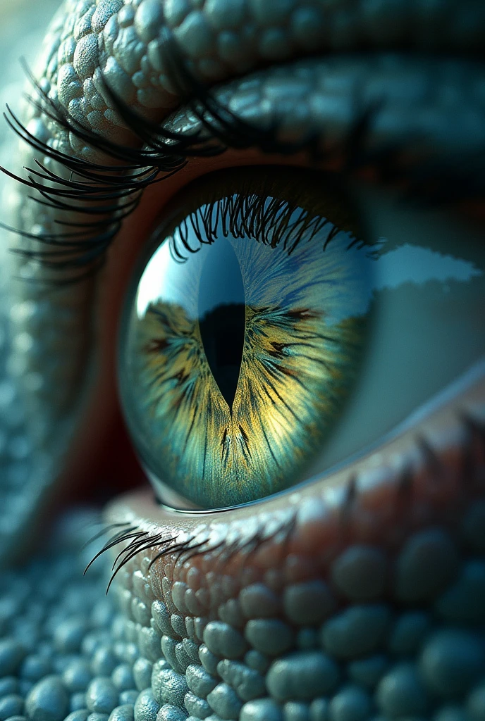 One eye looking at a picture of a dragon,dragon reflected in eyes。