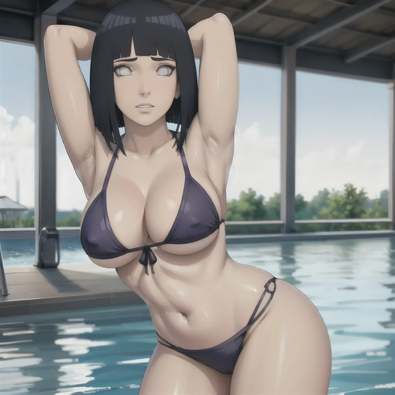 Hinata,1girl,solo, beautiful, thicc thighs, huge breasts, wearing purple gradient bikini, in swimming pool,pure eyes, realistic pupils, highly details eye, perfect anatomy, good anatomy, good composition, armpits, sweating, Mom, milf, thicc thighs, lubricant skin groin area, oily skin, red armpits, sweat armpits, arms up, hands behind her head