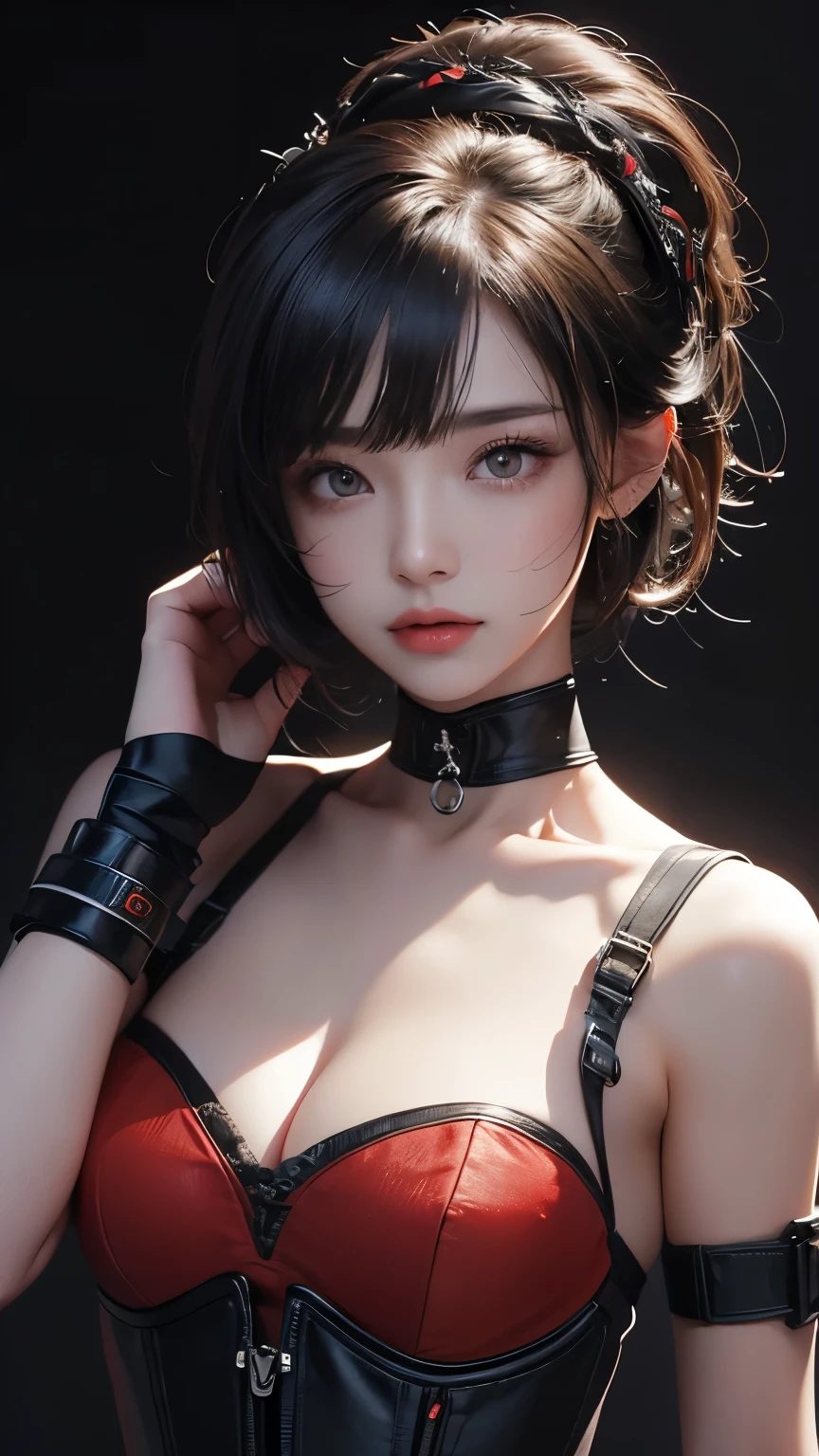 masterpiece, Highest quality, Very detailed, To the camera, 複雑に詳細なVery detailedな, Realistic, Sharp features, Very detailed, Sharp focus, Perfect Face, Perfect Face, Perfect symmetry and perfect eyes, Perfect Plump Lips, Flexible female form, Cinematic, Film Light, Very detailedな, hyper Realistic, masterpiece, Atmospheric, High resolution, Vibrant, Dynamic Studio Lighting, ((Dark Background)), The facial expression when feeling happy, handcuffs, BDSM, slave, Rubber, Red Corset, (赤いfirst round), ((Highest quality, 8k, masterpiece: 1.3)), Sharp focus: 1.2, Beautiful woman with perfect figure: 1.4, Slim Abs: 1.2, Wet body: 1.5, Very detailedな顔と肌の質感, Detailed eyes, double eyelid, Very short hair,((Sm嬢)),((m嬢)),handcuffs,first round,Red and black outfit