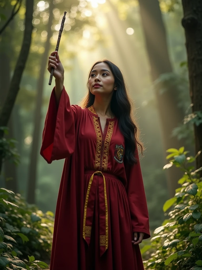 Capture the enchantment of the Wizarding World as the Malay woman dons a Hogwarts- griffindor inspired outfit, wielding a wand in a magical forest, reminiscent of scenes from the Harry Potter series