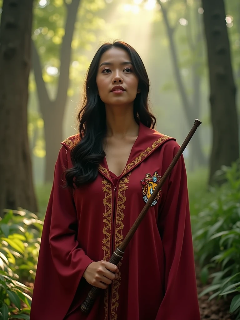 Capture the enchantment of the Wizarding World as the Malay woman dons a Hogwarts- griffindor inspired outfit, wielding a wand in a magical forest, reminiscent of scenes from the Harry Potter series