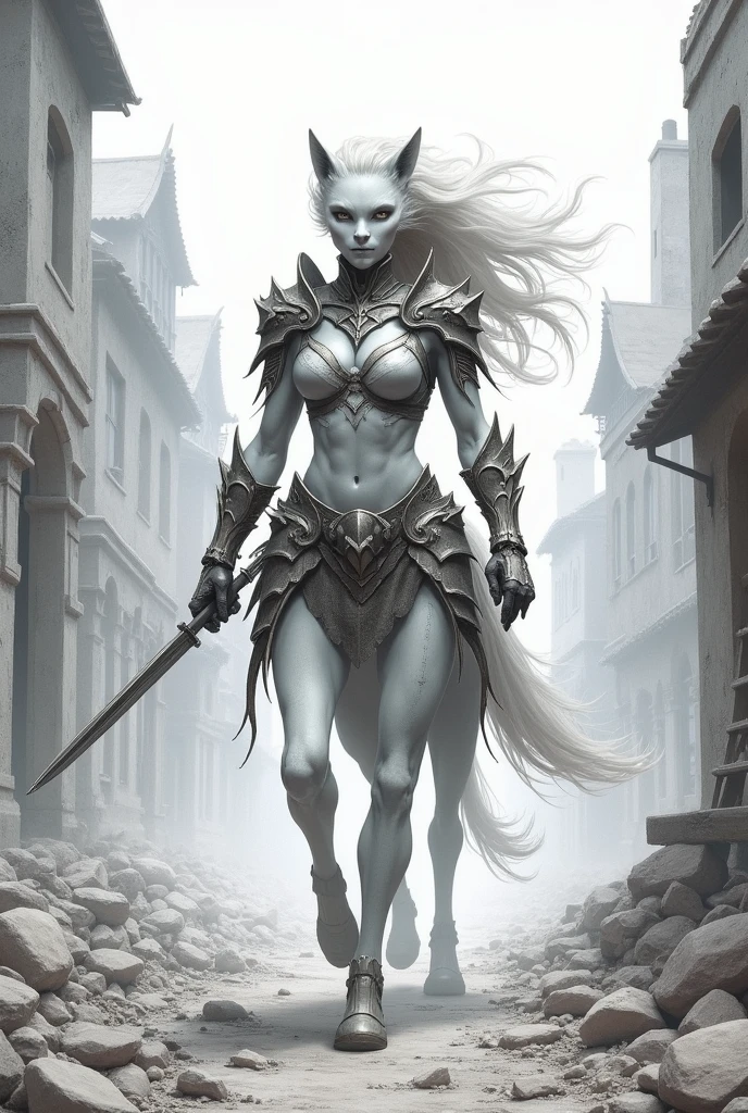 centaur catwoman, by white, Whole body, in a ruined village, armor, linda