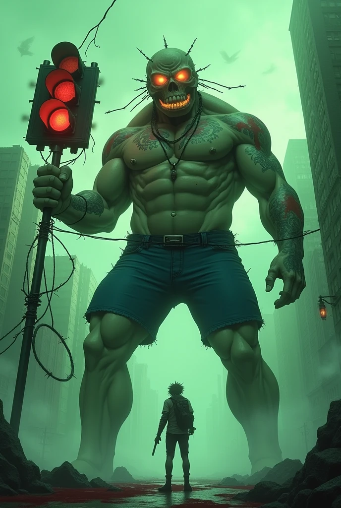 A male monster, he has a gigantic traffic light head and he has a stop sign tied with barbed wire, he is gigantic and muscular, he is wearing short blue pants and he is holding in his left hand a strong electric current that he tore off the pole, he is still releasing sparks, his body is full of tattoos and is stained with blood, he is in a city and he is so big that the houses look small, the city is releasing a green mist, the image has to be in anime