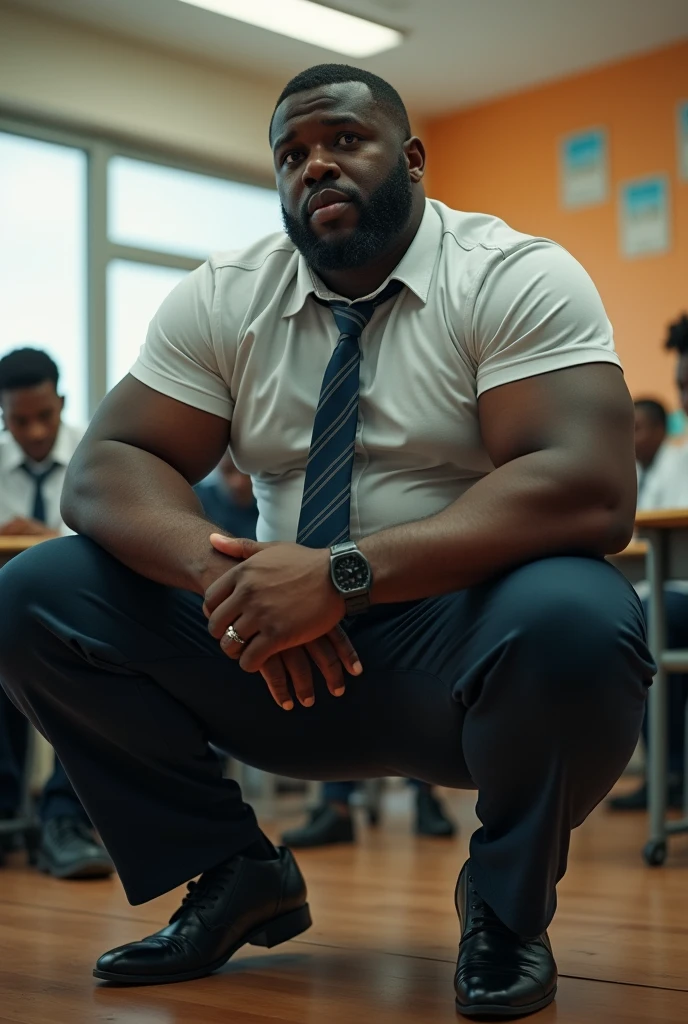 Black man squatting with a huge butt in very tight school uniform, huge bulge, in school, classroom, big cock, wet stain near crotch area of slacks, huge pecs, huge muscles, 6 pac, tall, side view, round and big butt, huge thighs