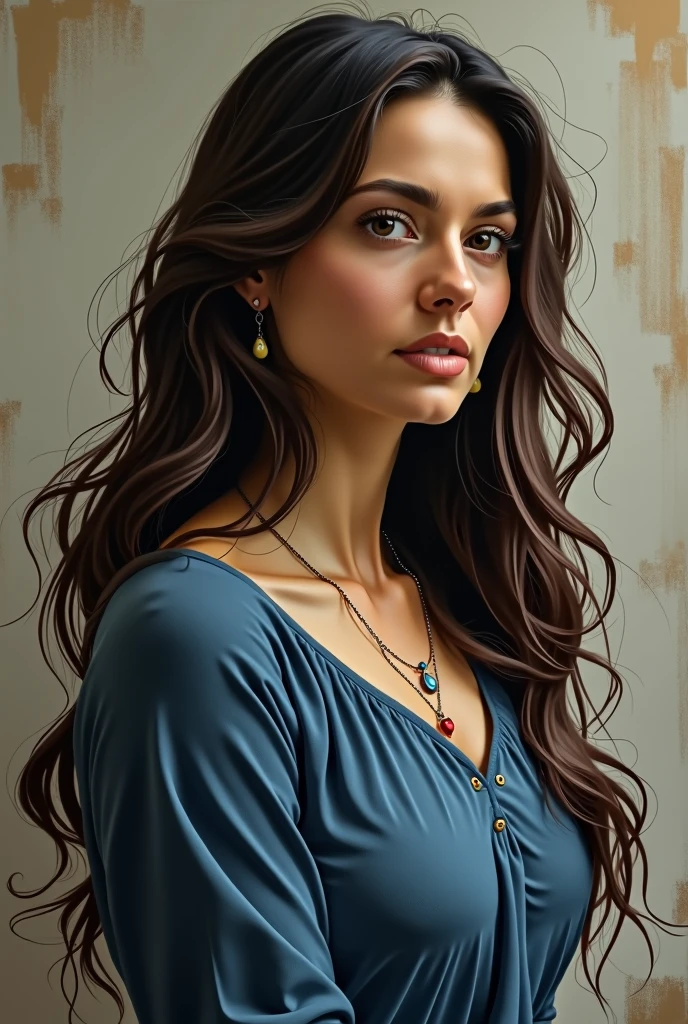 there is a woman with long hair and a blue top, a portrait inspired by Gina Pellón, Pixabay, renaissance, roxie vizcarra, Women aged 40, Angelina Stroganova, Diane Ramic, sandra chevier, aged 40 years, niele toroni, she is about 50 years old, profile picture