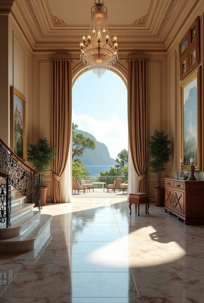 (masterpiece:1.2, best quality, Ultra-high resolution, Very detailed, actual, original photo:1.2, Great photos), 8k, wallpaper, (Ray tracing), French Riviera Luxury Homes, (Large entrance hall with polished marble floor, A sweeping staircase with decorative wrought iron railings, Crystal chandelier casts light reflections, Large arched windows decorated with luxurious curtains), a piano, And a gallery of artwork on the walls.