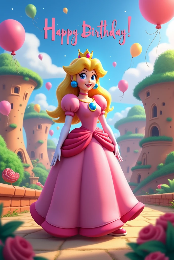 An image for a birthday post, with the theme of MARIO&#39;S PRINCESS PEACH, that you can see the MARIO KARTS landscape, that birthday number 5 be specified, and in the image that says the phrase "HAPPY BIRTHDAY JAELY KASAHIA" in the center part with big and nice letters