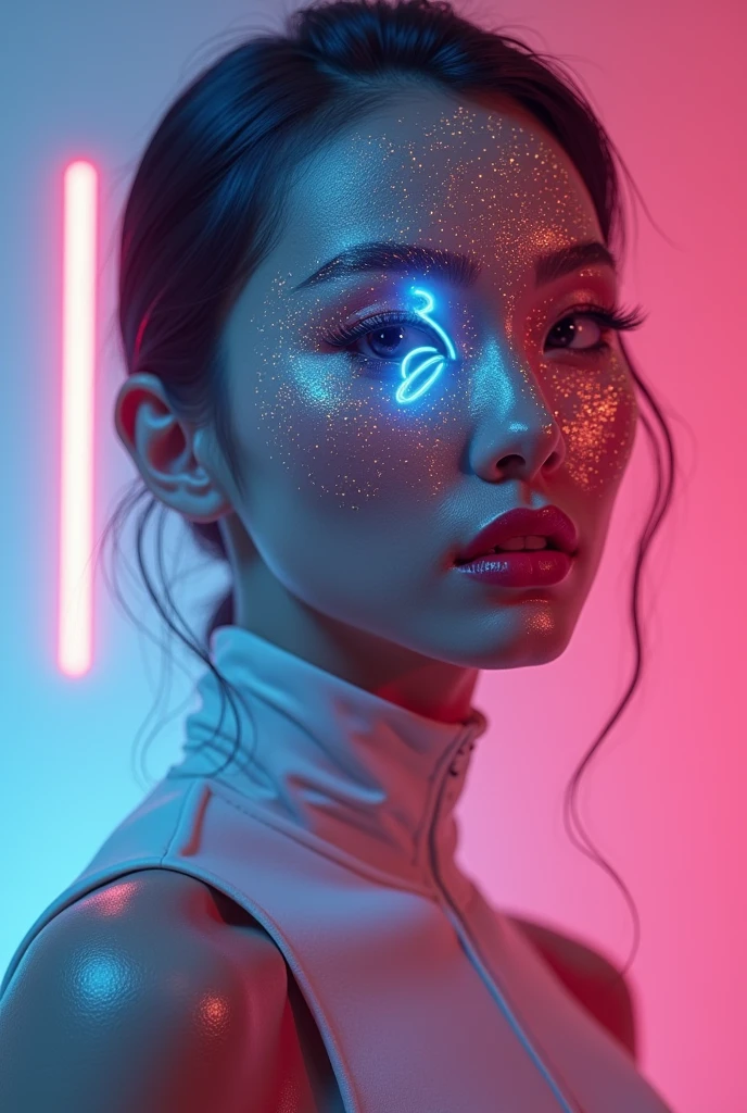 Create a logo for "Roya Glam," a modeling agency specializing in AI models. The design should prominently feature the company name and integrate the letters "R" and "G" into the logo. The logo should blend elements representing both human and AI models, incorporating sleek, modern aesthetics that reflect sophistication and innovation. Use abstract or geometric shapes to symbolize the fusion of human beauty and advanced technology, with a color palette that exudes elegance and futuristic vibes. Ensure the logo is a cohesive graphic representation that seamlessly combines the name, the letters "R" and "G," and imagery to capture the essence of cutting-edge fashion and AI integration.