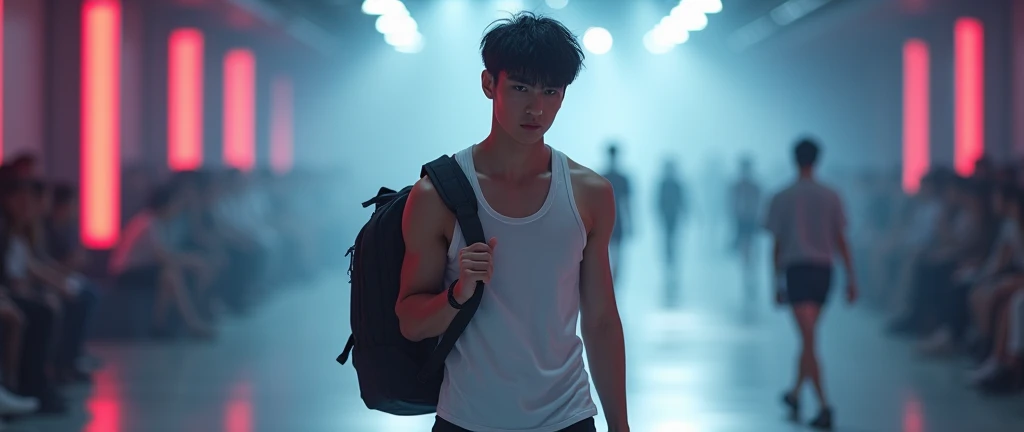 (photorealism:1.2), Three nude fashion handsome 18 yrs. old, k pop Asian male model, runway show full body holding sports bag pack, tank top casual wear style, SXR logo design, ultra-detailed, film photography, light leaks, trending on sportwear, sharp focus, studio photo, futuristic details, highly detailed