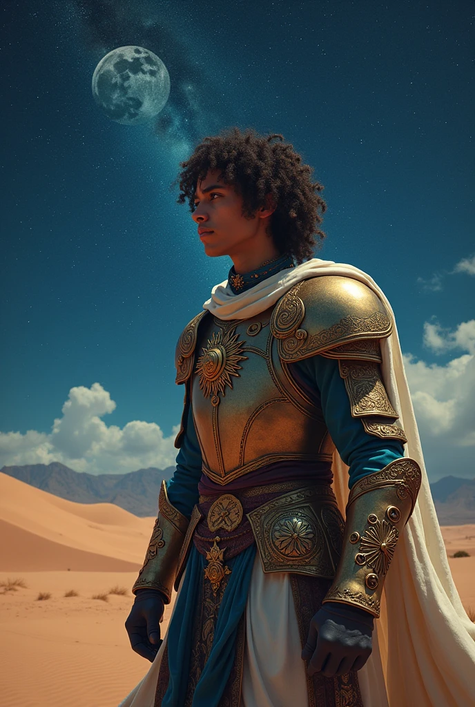 young gypsy man in armor and sun and star brooches hanging around in the desert with constellations behind