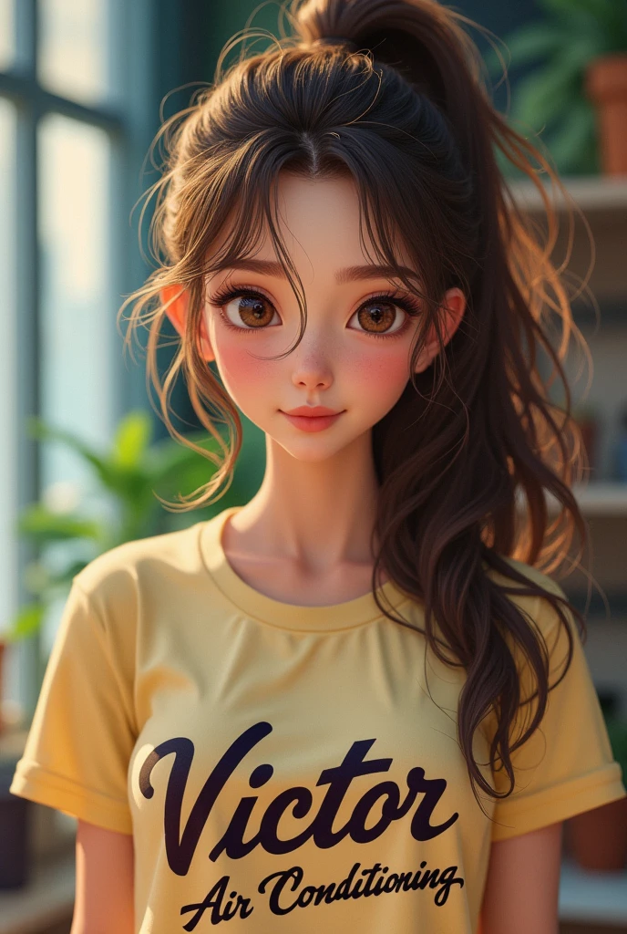 a young woman, Brown hair with a ponytail in her hair, big eyes and eyelashes with a shirt that says victor quality air conditioning