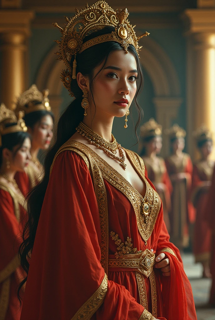 flux-style, portrait full body female Indonesian princess with slim curvy body, in Indonesian temple in 10th century surronded by servants, Cleavage, painting by jean ingres, Frank Frazetta, Boris Vallejo, Julie Bell, realistic, trending on artstation, featured on pixiv, cinematic composition, extreme detail, metahuman creator
