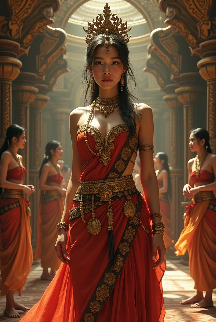 flux-style, portrait full body female Indonesian princess with slim curvy body, in Indonesian temple in 10th century surronded by servants, Cleavage, painting by jean ingres, Frank Frazetta, Boris Vallejo, Julie Bell, realistic, trending on artstation, featured on pixiv, cinematic composition, extreme detail, metahuman creator