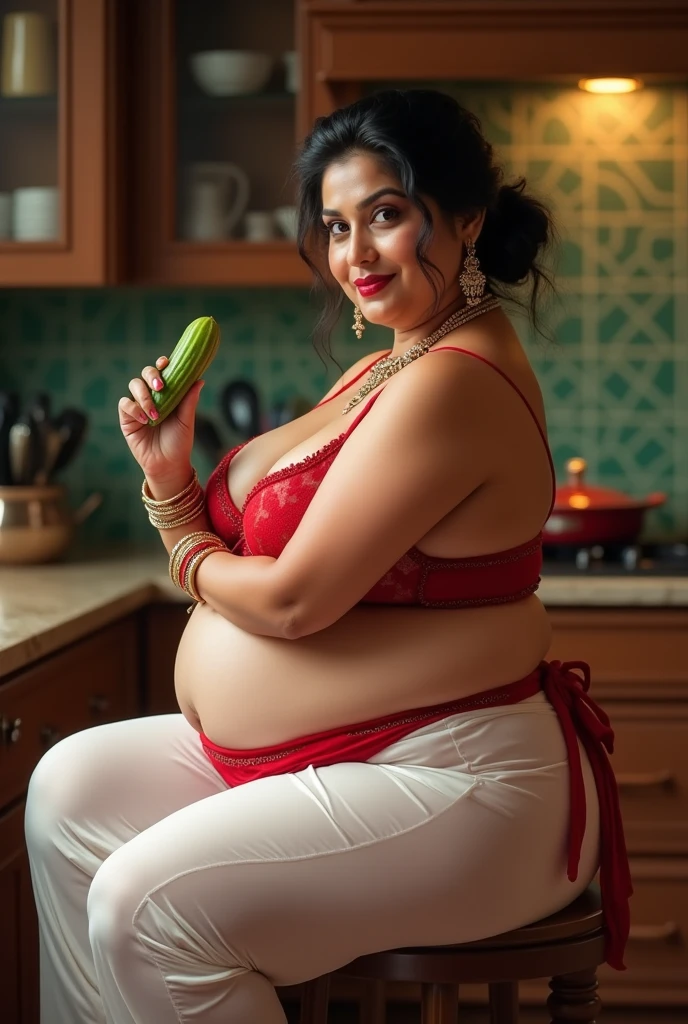 50 year old Married indian aunty ,looking at the viewer, wearing shiny glossy and reflective finish polyester plus size ankle length transparent white silk leggings and transparent red bikkini ,red panties, big Fat ass, Voluptuous, wide hips,Big thighs, scooped Big breast, ,fat wide ass , thin curvy tummy, messy bun, lipstic, smiling face,strap high heels, Jewellery, sitting on a small stoolin kitchen, hlding a cucumber in right hand,ornaments, white skin tone, clean skin, ( a guarter side view)