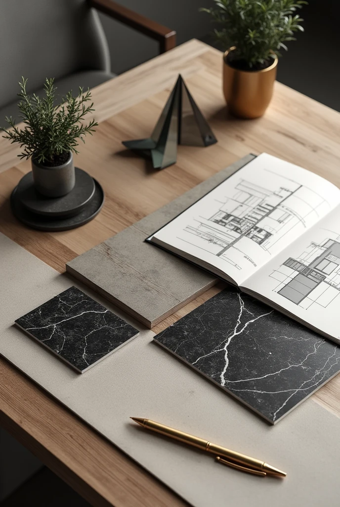 Create a photorealistic image of an architectural moodboard viewed from above on a table, displaying a selection of materials and textures. At the center, highlight a sample of burnt cement in a light gray hue, complemented by a piece of black marble with white veins. Around these main samples, include textures like natural wood in a medium tone, brushed stainless steel metal, and frosted glass. Add decorative elements, like a plant in a minimalist pot, a golden pen, and an open sketchbook with architectural drawings. The composition must be organized and stylish, capturing the essence of contemporary design