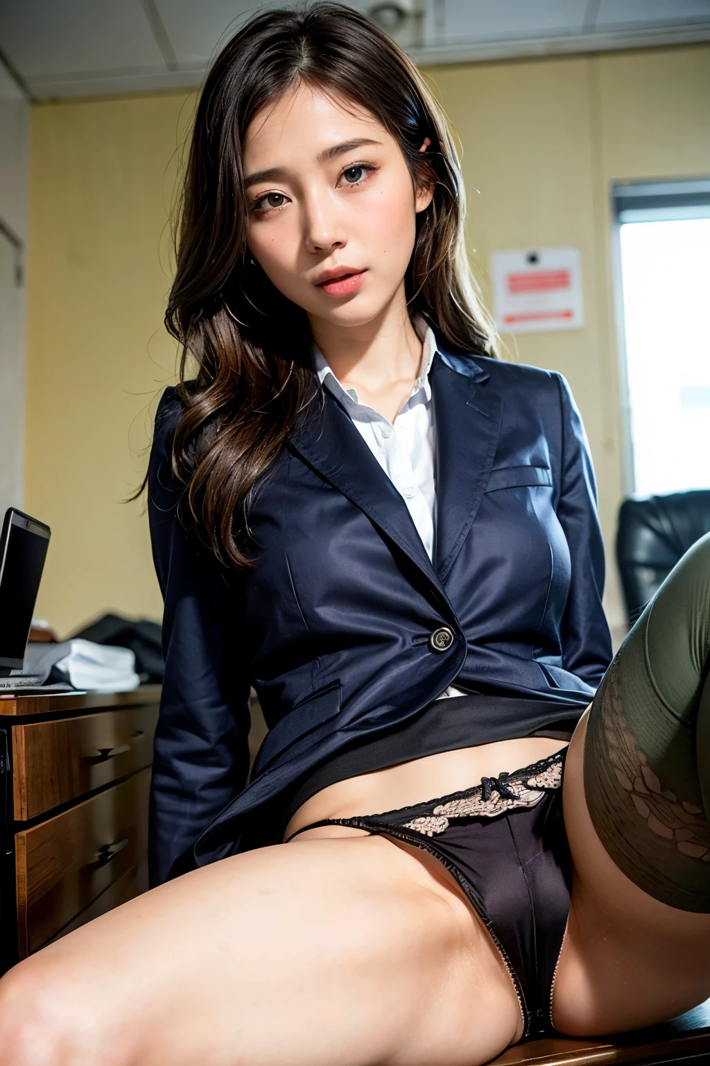 8k, RAW Portrait (Japanese women),masterpiece、Realistic:1.2、Realistic, Ultra-high resolution, Highest quality, Real Life Photos ,( in the evening :1.1),((Wearing a suit))、((Tight Skirt))、
((((1 female:1.5))))、Japanese women,((office lady)),Slender body,locker room、At work、Sleep on your back、
、big, beautiful, fine grain, Black Hair,(Written boundary depth:1.3)、 ((Dark brown eyes:1.2))、(Realistic skin texture:1.3)、(Immersive atmosphere:1.2、Chiaroscuro:1.2) 、(Viewer:1.4)、((Embarrassed look:1.4))、((Red cheeks:1.3))、((From belowの天井:1.2))、(smile:0.9)、((Wearing very thin string panties))、((Panty shot))、((A woman rolling up her skirt))、((From below:1.15))、((Panties close up:1.65))、((Photo highlighting panties))、(((Very cute face:1.3)))、((Spread your legs out to the side:1.4))、