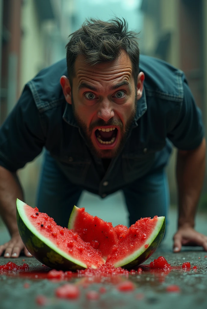 Man screaming in horror as he looks at a smashed watermelon on the ground