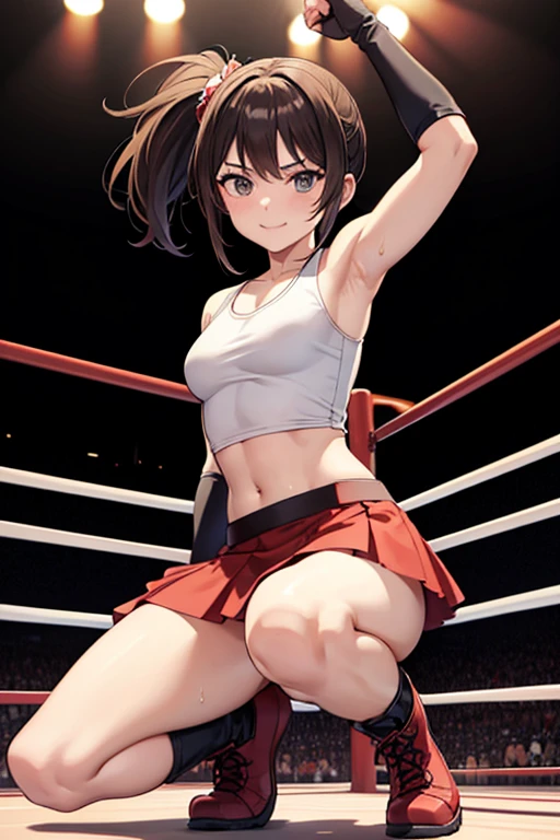 Anime Art、Full body portrait、Professional wrestling ring、A woman around 20 years old, around 175cm tall, wearing a white tank top and a red miniskirt, standing up and pumping her fist、Knee support、Elbow Support、Hairstyle: short ponytail、Brown Hair、A strong smile、Grey Eyes、Red Boots、Sweating profusely、Abdominal muscles、Flat chest、Gloves、Black spats
