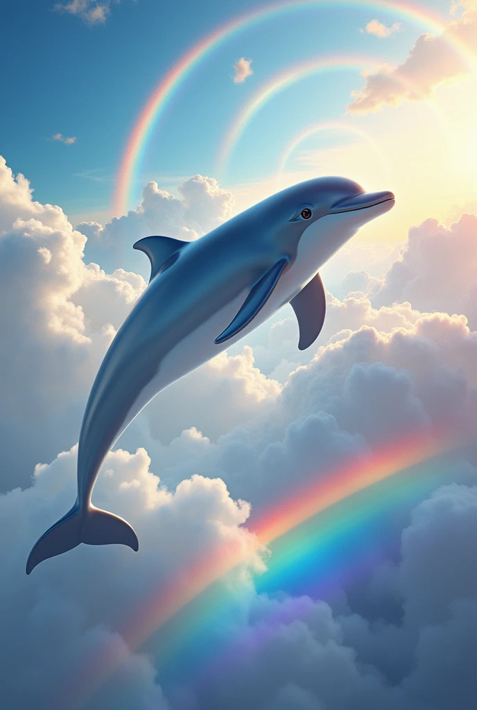 Create a dolphin in the clouds with rainbows