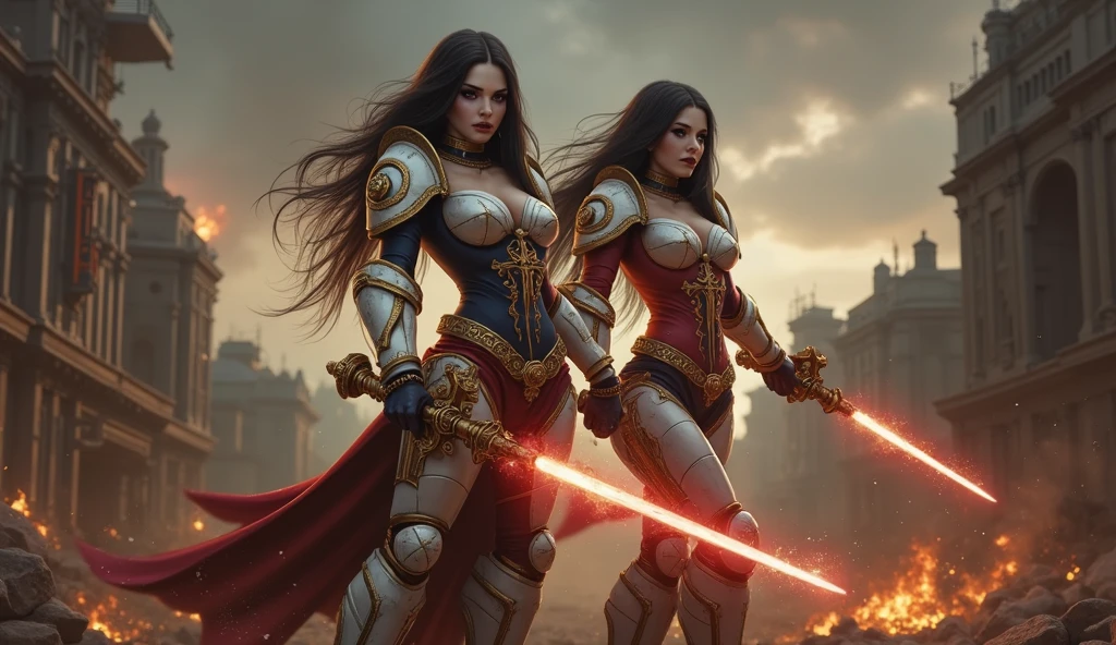 Full body pose sexy sisters of battle from the warhammer 40k, shooting at the enemy, white armor with intricate details, red armor with intricate details, religous symbols on the armor, sisters of battle, warhammer 40k, Massive silicone breast, pale skin, seductive, temptation, eat your soul, clevage, long flowing black hair with purple highlights, heavy gothic makeup, at night, neon, beautiful detailed eyes, beautiful detailed lips, extremely detailed eyes and face, long eyelashes, highly detailed armor, intricate futuristic weaponry, dramatic lighting, cinematic composition, muted color palette, gritty and realistic, mecha, science fiction, hyper-detailed, photorealistic, award winning digital art, 8k, HDR, masters work, in the middle of a battle field, full body combat action pose, explosions and fire around, full war, stunning, Stilleto heels, high heels, full body pose, cinematic, movie trailer, final stand!, nemesis, ready to strike, dust and debree, combat screams, attacking, shooting at the enemy, running forward, last line of defense, charging, fanatic, religious, templar knights, sisters of battle, warhammer 40k