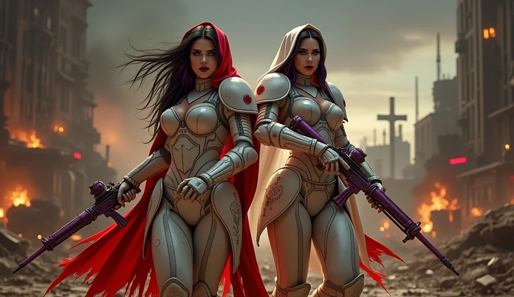 Full body pose sexy sisters of battle from the warhammer 40k, shooting at the enemy, white armor with intricate details, red armor with intricate details, religous symbols on the armor, sisters of battle, warhammer 40k, Massive silicone breast, pale skin, seductive, temptation, eat your soul, clevage, long flowing black hair with purple highlights, heavy gothic makeup, at night, neon, beautiful detailed eyes, beautiful detailed lips, extremely detailed eyes and face, long eyelashes, highly detailed armor, intricate futuristic weaponry, dramatic lighting, cinematic composition, muted color palette, gritty and realistic, mecha, science fiction, hyper-detailed, photorealistic, award winning digital art, 8k, HDR, masters work, in the middle of a battle field, full body combat action pose, explosions and fire around, full war, stunning, Stilleto heels, high heels, full body pose, cinematic, movie trailer, final stand!, nemesis, ready to strike, dust and debree, combat screams, attacking, shooting at the enemy, running forward, last line of defense, charging, fanatic, religious, templar knights, sisters of battle, warhammer 40k