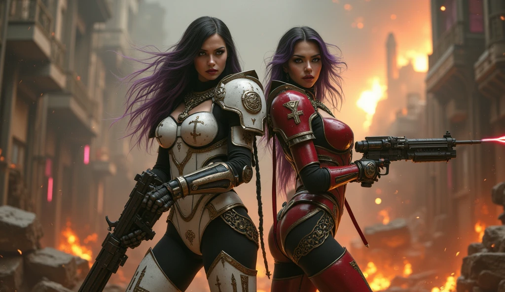 Full body pose sexy sisters of battle from the warhammer 40k, shooting at the enemy, white armor with intricate details, red armor with intricate details, religous symbols on the armor, sisters of battle, warhammer 40k, Massive silicone breast, pale skin, seductive, temptation, eat your soul, clevage, long flowing black hair with purple highlights, heavy gothic makeup, at night, neon, beautiful detailed eyes, beautiful detailed lips, extremely detailed eyes and face, long eyelashes, highly detailed armor, intricate futuristic weaponry, dramatic lighting, cinematic composition, muted color palette, gritty and realistic, mecha, science fiction, hyper-detailed, photorealistic, award winning digital art, 8k, HDR, masters work, in the middle of a battle field, full body combat action pose, explosions and fire around, full war, stunning, Stilleto heels, high heels, full body pose, cinematic, movie trailer, final stand!, nemesis, ready to strike, dust and debree, combat screams, attacking, shooting at the enemy, running forward, last line of defense, charging, fanatic, religious, templar knights, sisters of battle, warhammer 40k