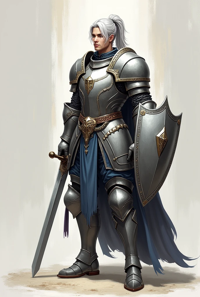 a character sheet of a High, muscular human paladin with silver hair tied in a ponytail, wears heavy silver armor with long sword and shield, but with four different and distinct facial expressions of the same character: like joy or shyness, in the style of a knight of vengeance and fearless