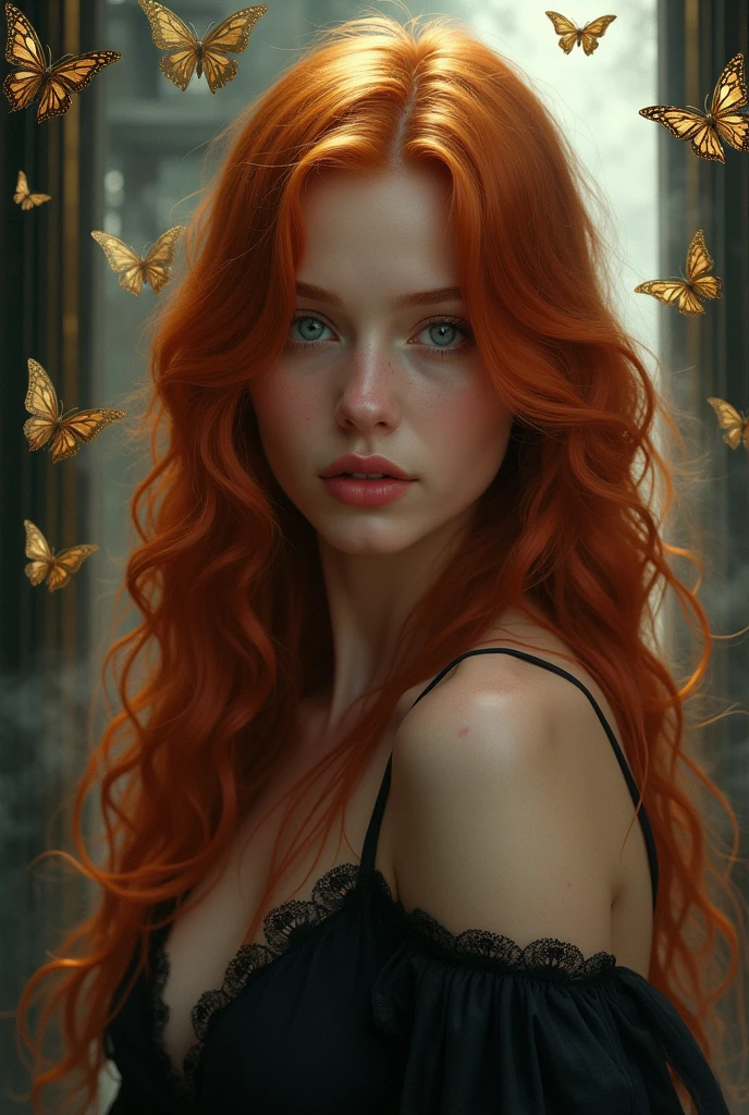 (solo, full body photo:1.3), (action packed:1.3), (haze, fog, mist:1.3), chiaroscuro, best quality, photorealistic, 1woman, (cute), (24yo:1.2), redhead, long ginger hair highly detailed, 1700'S, digital photography, art by artgerm and ruan jia and greg rutkowski surreal painting gold butterfly filigree, broken glass, (masterpiece, sidelighting, finely detailed Fashionable eyes: 1.2) (perfect oval large eyes that gazes at the viewer), beautiful detailed face, blue gorgeous perfect eyes, (blonde hair ponytail), (attractive young woman:1.3), (thick amazing hair), (seductive:1.1), (blushing:1.1)
