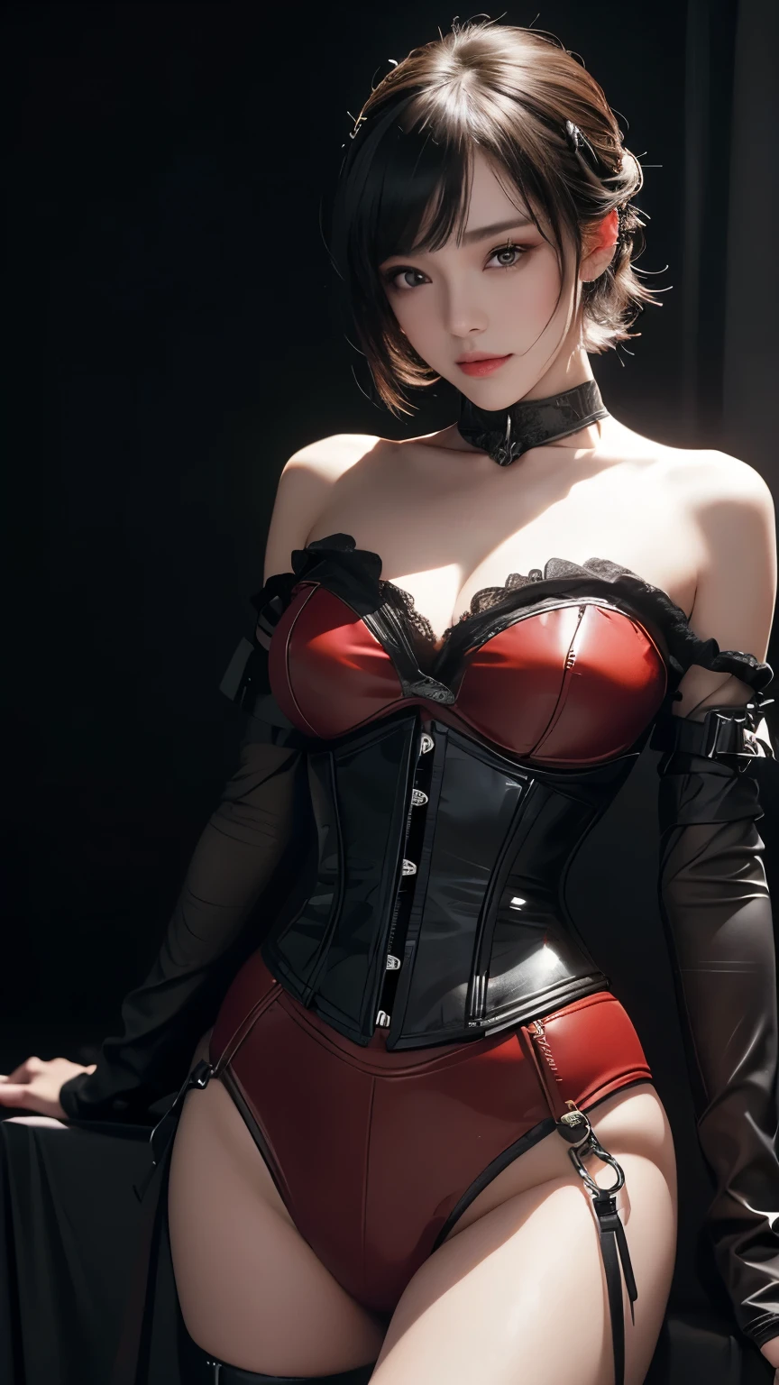 masterpiece, Highest quality, Very detailed, To the camera, 複雑に詳細なVery detailedな, Realistic, Sharp features, Very detailed, Sharp focus, Perfect Face, Perfect Face, Perfect symmetry and perfect eyes, Perfect Plump Lips, Flexible female form, Cinematic, Film Light, Very detailedな, hyper Realistic, masterpiece, Atmospheric, High resolution, Vibrant, Dynamic Studio Lighting, ((Dark Background)), The facial expression when feeling happy, handcuffs, BDSM, slave, Rubber, Red Corset, (赤いfirst round), ((Highest quality, 8k, masterpiece: 1.3)), Sharp focus: 1.2, Beautiful woman with perfect figure: 1.4, Slim Abs: 1.2, Wet body: 1.5, Very detailedな顔と肌の質感, Detailed eyes, double eyelid, Very short hair,((Sm嬢)),((m嬢)),handcuffs,first round,Red and black outfit