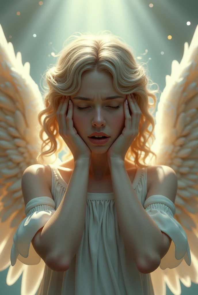 Realistic image of an angel covering his ears 