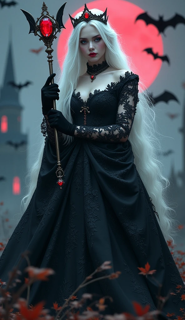 1girl, beautiful vampire Queen, sapphire blue eyes, sparkling eyes, blush, alabaster white hair, extremely long hair, wavy hair, black and white extravagant lace dress, (extravagant dress with intricate embellishments), long velvet gloves, (big cross earrings), jeweled gleaming diadem, cleavage, commanding pose, holding magic scepter with bat-shaped crystal on top, swarm of bats around the Queen, looking at viewer, (low angle shot), autumn leaves, (mist), red moon, silhouettes of Gothic towers in the distance, dramatic lighting, soft shadow, masterpiece, best quality, safe, very aesthetic, absurdres, highres, ((more detail, enhanced, poakl))
