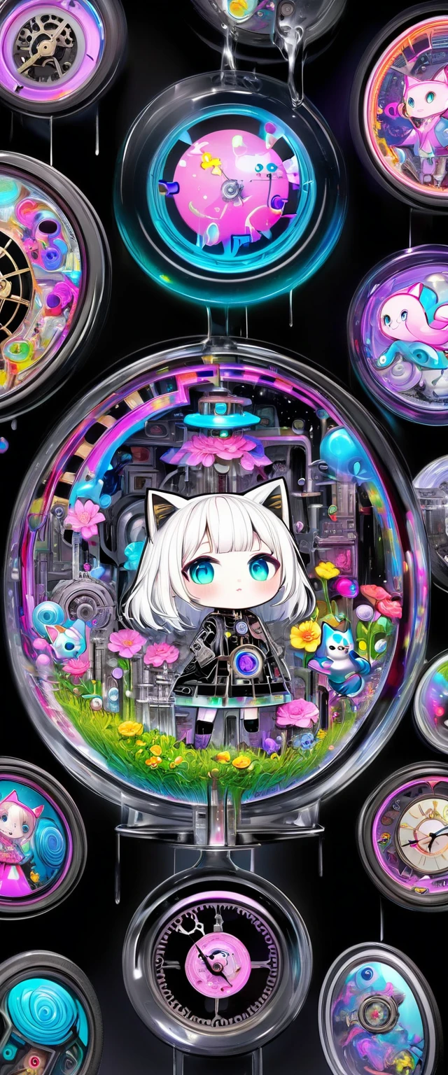 fusion of acrylic and collage paintings, 3D, clockwork, mysterious clockwork space, labyrinth space divided by neon line lights, (dripping fluorescent paint), iridescent flowers blooming from the point of impact, maze, labyrinth shaped, (chibi girl and cat peeking out from the side, pixar style), black and white and pastel colors, transparent, mysterious and funny high and fine artwork