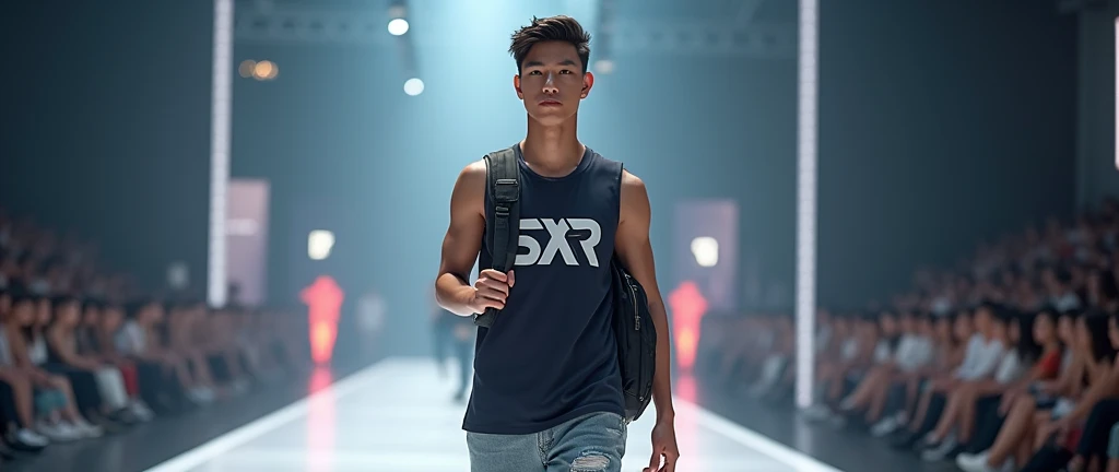 (photorealism:1.2), Three nude fashion handsome 18 yrs. old, k pop Asian male model, runway show full body holding sports bag pack, tank top casual wear style, SXR logo design, ultra-detailed, film photography, light leaks, trending on sportwear, sharp focus, studio photo, futuristic details, highly detailed