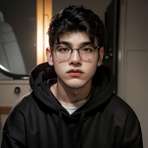 (masterpiece:1.2), (best quality:1.2), hyper realistic,highestres,absurdres,extremely detailed,volumetic,dramatic lighting,(frontal view),
20 year old boy,face,detailed eyes, black hoodie, black t-shirt