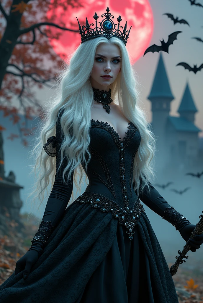 1girl, beautiful vampire Queen, sapphire blue eyes, sparkling eyes, blush, alabaster white hair, extremely long hair, wavy hair, black and white extravagant lace dress, (extravagant dress with intricate embellishments), long velvet gloves, (big cross earrings), jeweled gleaming diadem, cleavage, commanding pose, holding magic scepter with bat-shaped crystal on top, swarm of bats around the Queen, looking at viewer, (low angle shot), autumn leaves, (mist), red moon, silhouettes of Gothic towers in the distance, dramatic lighting, soft shadow, masterpiece, best quality, safe, very aesthetic, absurdres, highres, ((more detail, enhanced, poakl))