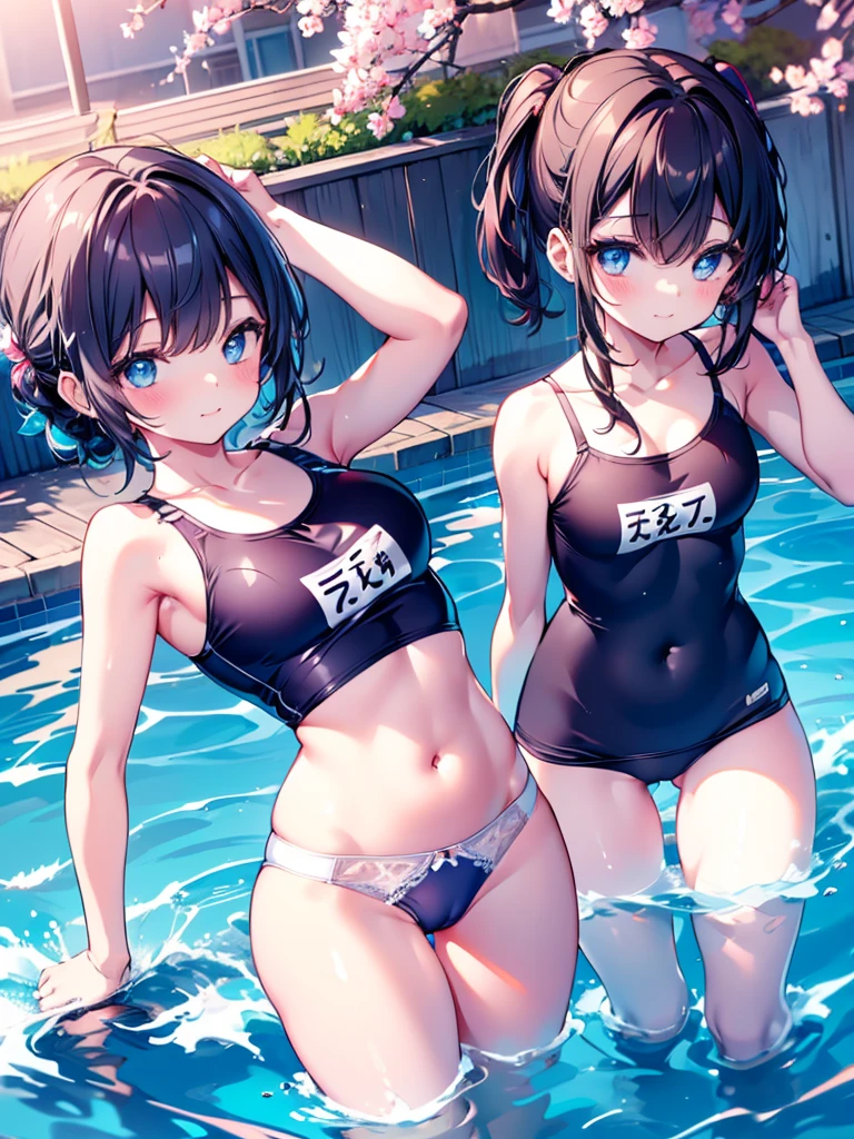 ((A plump and squishy lady:1.3)),((surprise!!:1.3)),(((Women's Lace Panties,((open crotch pantie)),transparent,Erotic lingerie,Big size,Open crotch underwear))),Highest quality、High resolution、Detailed Background、(Beautiful face in every detail:1.4)、A group of exceptionally adorable young girls, around 6 to , are participating in a swimming lesson at a Japanese elementary school. Each girl is wearing a perfectly fitted, bright blue school swimsuit with a cute, small name tag pinned on the front, and a white swim cap that tucks in their neatly arranged hair. The girls have radiant smiles, their eyes wide with enthusiasm as they listen intently to their instructor. The outdoor school pool sparkles under the warm sunlight, with clear, inviting water and soft ripples. The girls' youthful energy and sweetness are captured in their playful interactions as they practice their strokes, some with a bit of playful splashing, while others focus intently on mastering their technique. The backdrop includes a well-maintained schoolyard, with the school building and a few cherry blossom trees adding a touch of natural beauty to the scene. The overall atmosphere is filled with joy, innocence, and a sense of togetherness, making it a heartwarming moment in a typical school day.