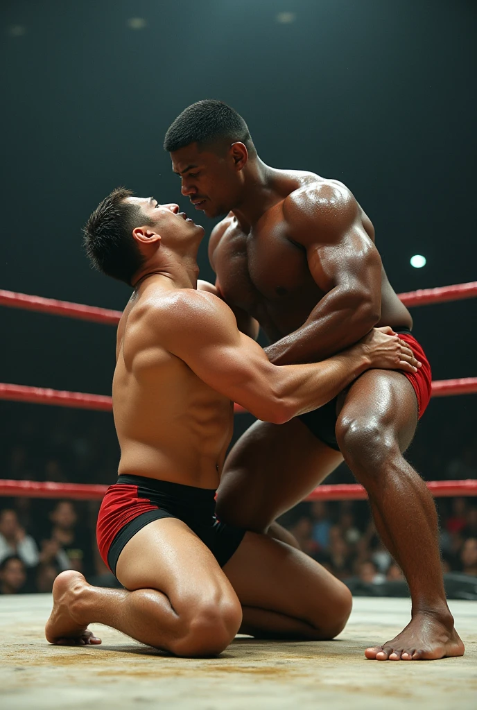 A young Japanese professional wrestler A and a senior Japanese professional wrestler B are in the ring.。The Battle Between A and B。
A is buzzcut and muscular、Wearing short tights。Sweaty。
B is short-haired, muscular, and dark-skinned、Wearing short tights。
A has one knee in the ring。B and his friends attacked A from behind by hugging him.。
Fujifilm, look up, 