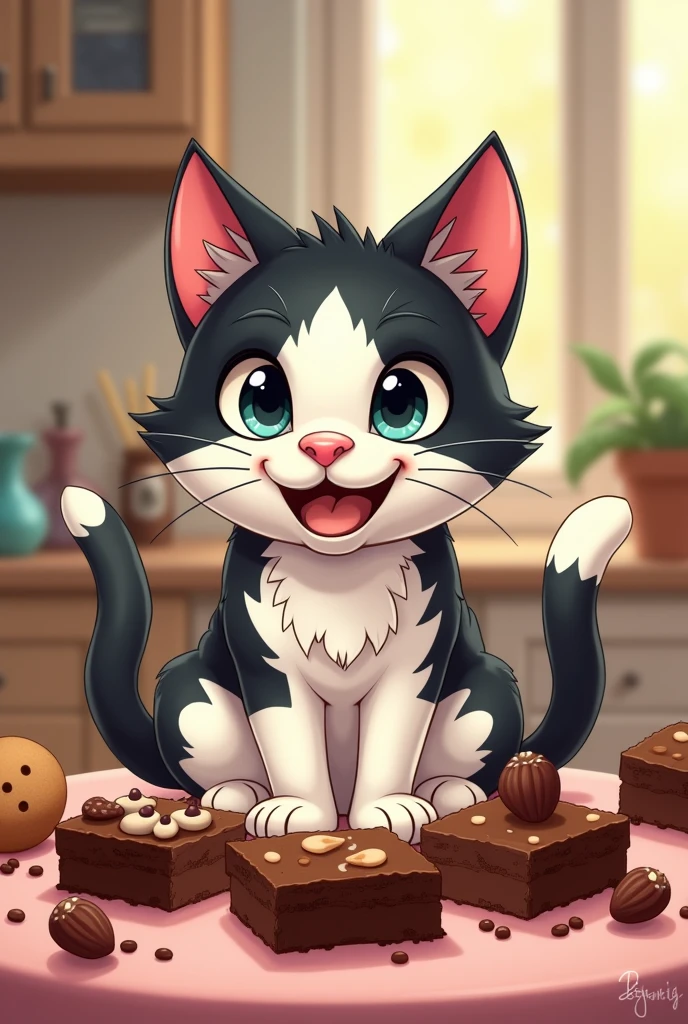 Cat eating desserts, brownies, cookies that the cat&#39;s fur is black and white in a more cartoon style