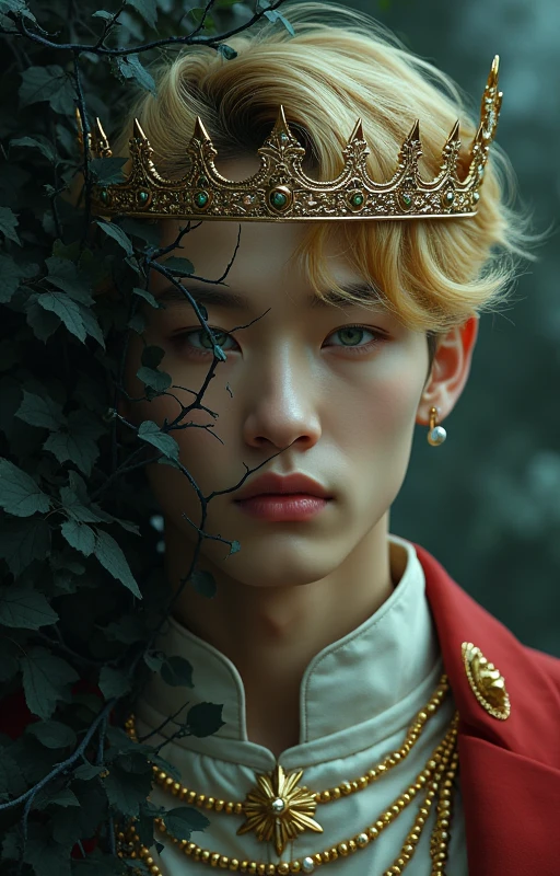 Jungkook. Korean boy with blond hair, greeneyes. A prince with crowns and royal clothes. Half of the face covered in thorns. Thorns in half of the photo. Black thorns, more explicit