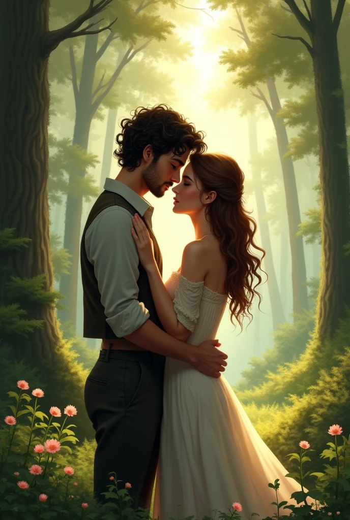 couple, dark-haired man with curly hair and woman with light brown hair and light brown eyes, together in a forest in a romantic scene