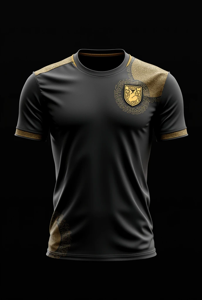 Black interclass football shirt with a small goat shield in the upper right corner with a gold color with gold details