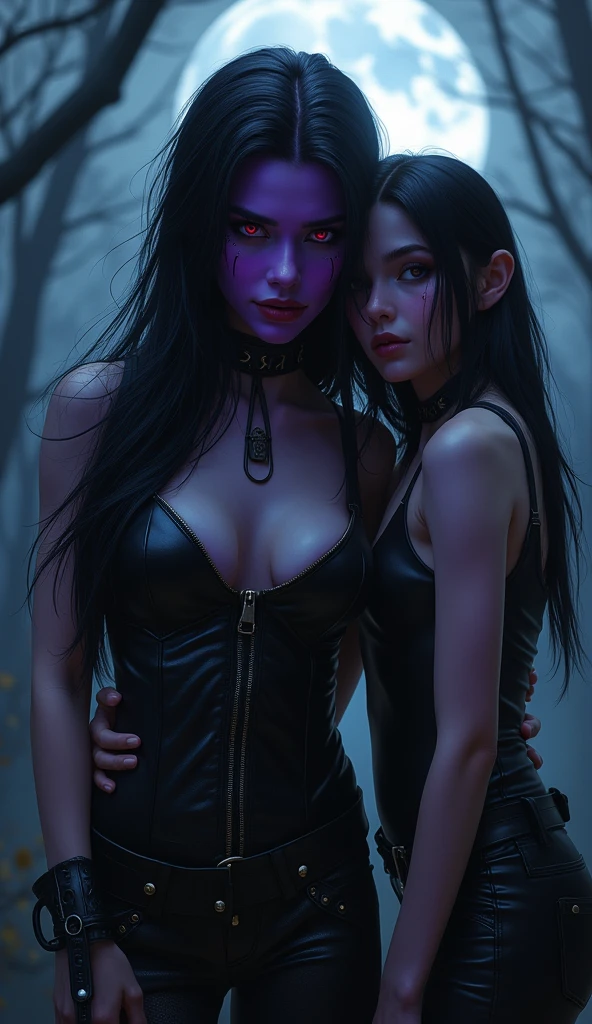 one man, one boy, femboy, black hair, long hair, fit body, purple eyes, purple skin, black leather clothes, choker, serious face, semi-realistic style, outliner, dark forest background, dark sky background, moon light, bust, upper body, bare shoulders, naughty grin