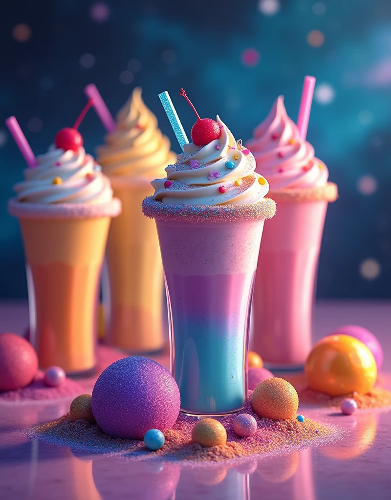 5 flavors Shakes in vibrant colors with edible glitter and unexpected flavors like Stardust Vanilla and Meteorite Mocha.