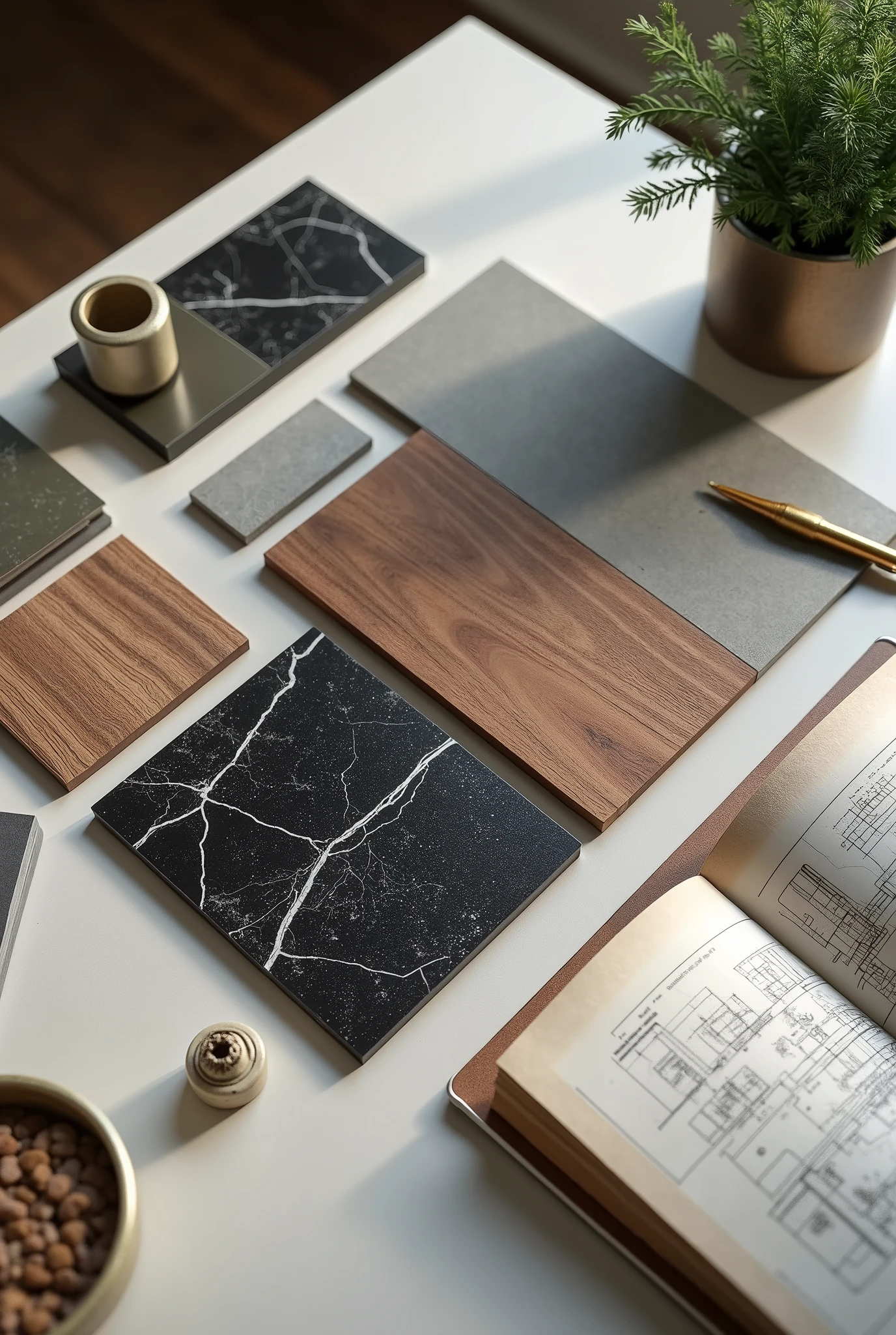 Create a photorealistic image of an architectural moodboard viewed from above on a table, displaying a selection of materials and textures. At the center, highlight a sample of burnt cement in a light gray hue, complemented by a piece of black marble with white veins. Around these main samples, include textures like natural wood in a medium tone, brushed stainless steel metal, and frosted glass. Add decorative elements, like a plant in a minimalist pot, a golden pen, and an open sketchbook with architectural drawings. The composition must be organized and stylish, capturing the essence of contemporary design