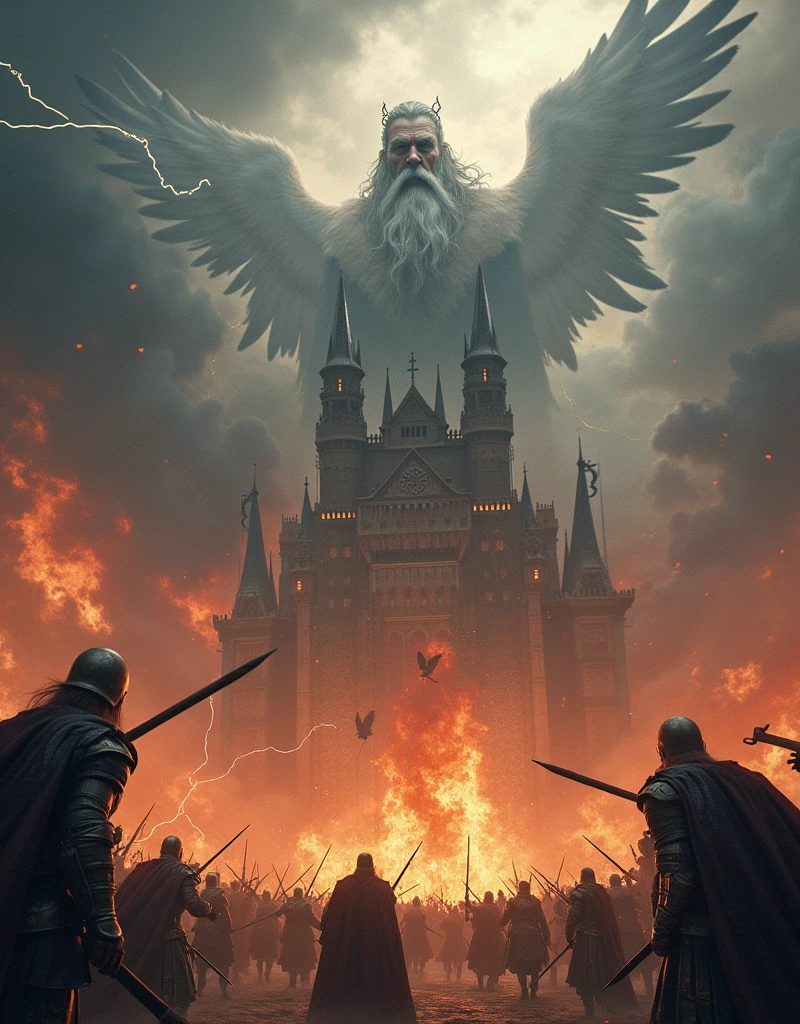 Asgard Castle in Flames, natta, lightning, odin's face with helmet in the clouds, Valkyrie warriors in the sky, viking warriors fighting